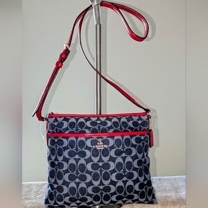 Coach Denim Blue Signature File Crossbody Canvas Bag With Red Leather